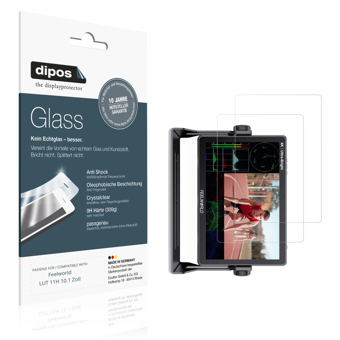 Klare Displayschutzfolie von dipos passend für Feelworld LUT 11H 10.1 Zoll, 9H kratzfest und blasenfrei montiert