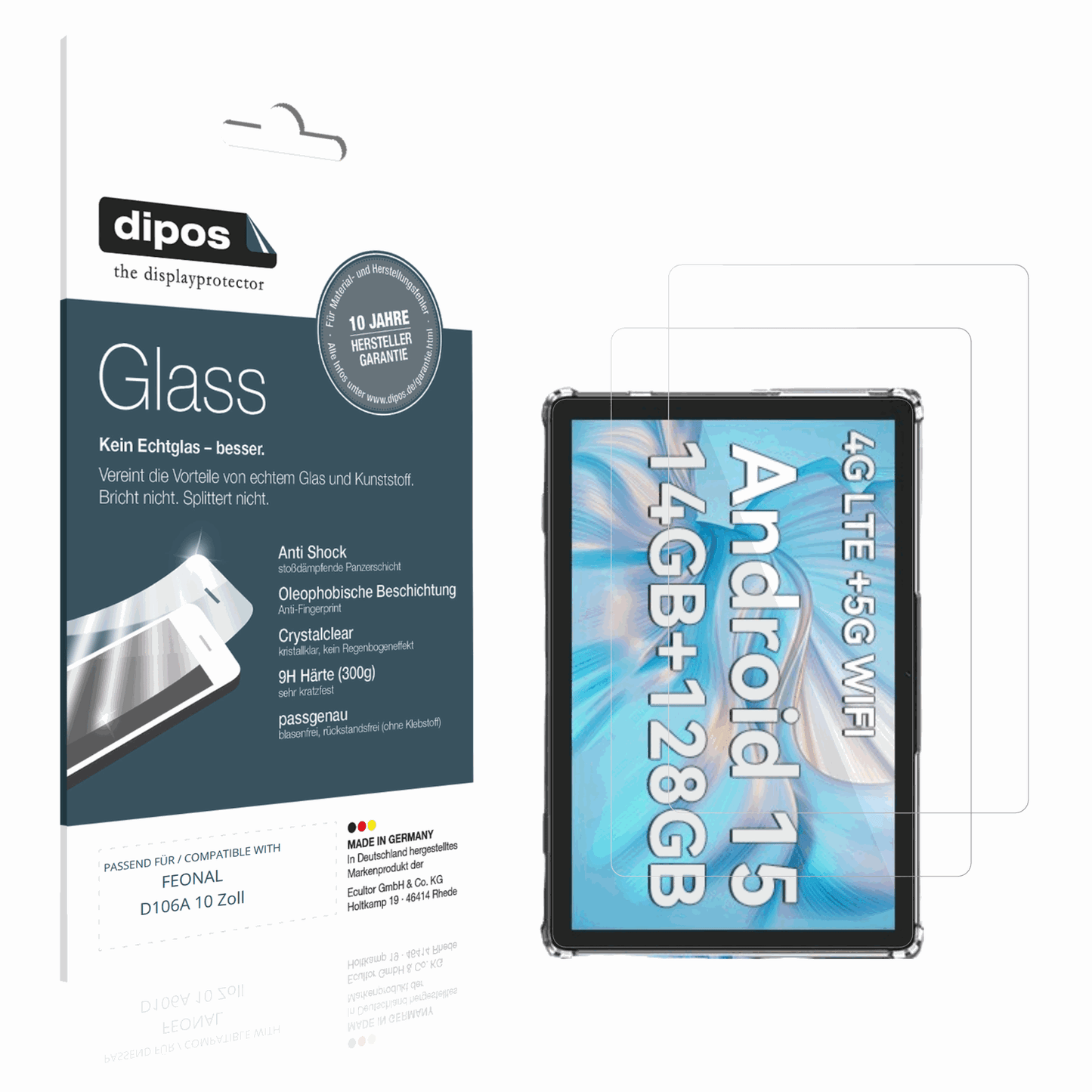 Klare Displayschutzfolie von dipos passend für FEONAL D106A 10 Zoll, 9H kratzfest und blasenfrei montiert
