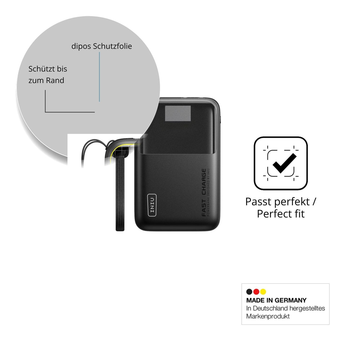 Schutz gegen Kratzer auf dem INIU Cougar P63-E1 Glas durch Schlüssel, Stöße gegen die Tischkante oder Stürze