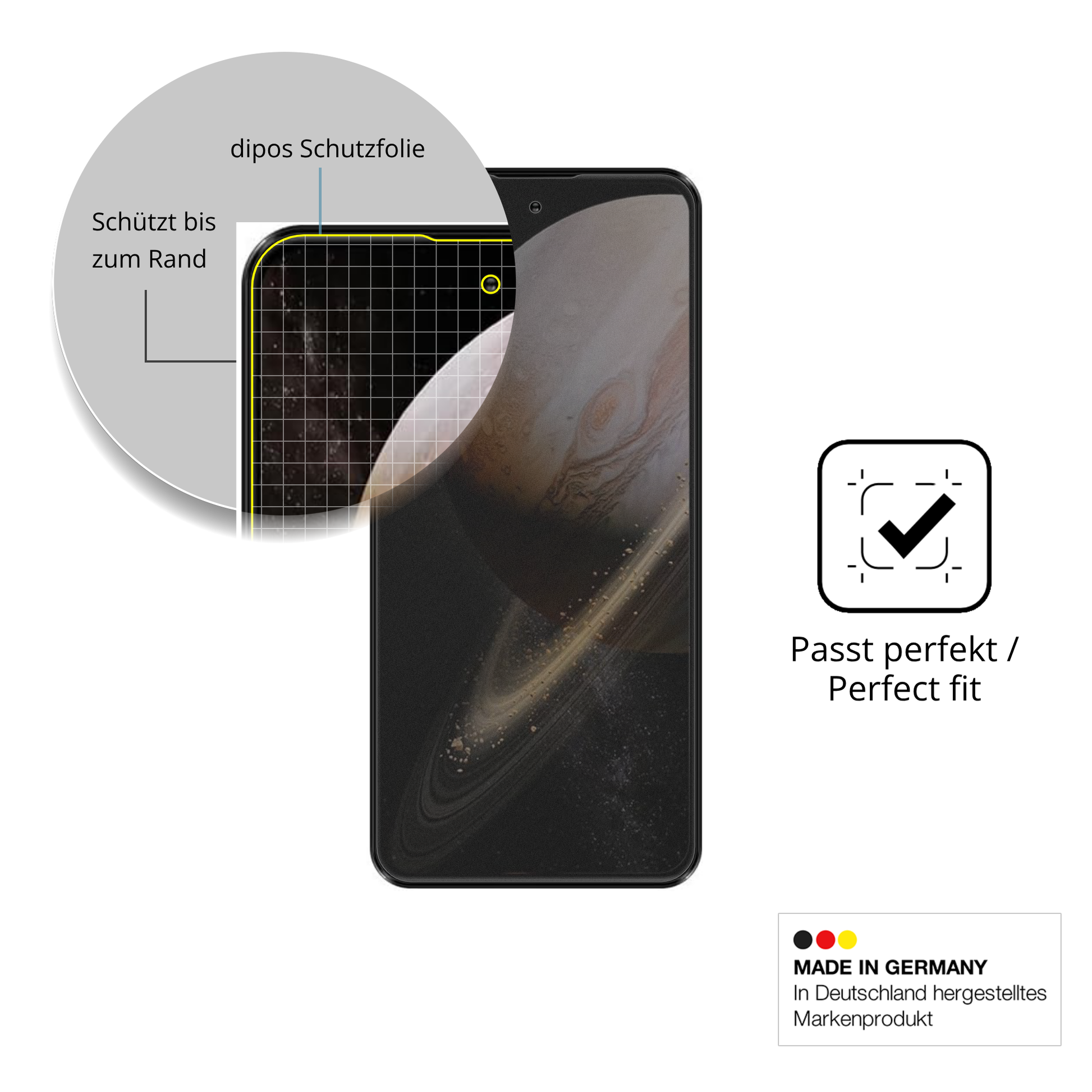 Schutz gegen Kratzer auf dem JoyHandy Pova 7 Pro Glas durch Schlüssel, Stöße gegen die Tischkante oder Stürze