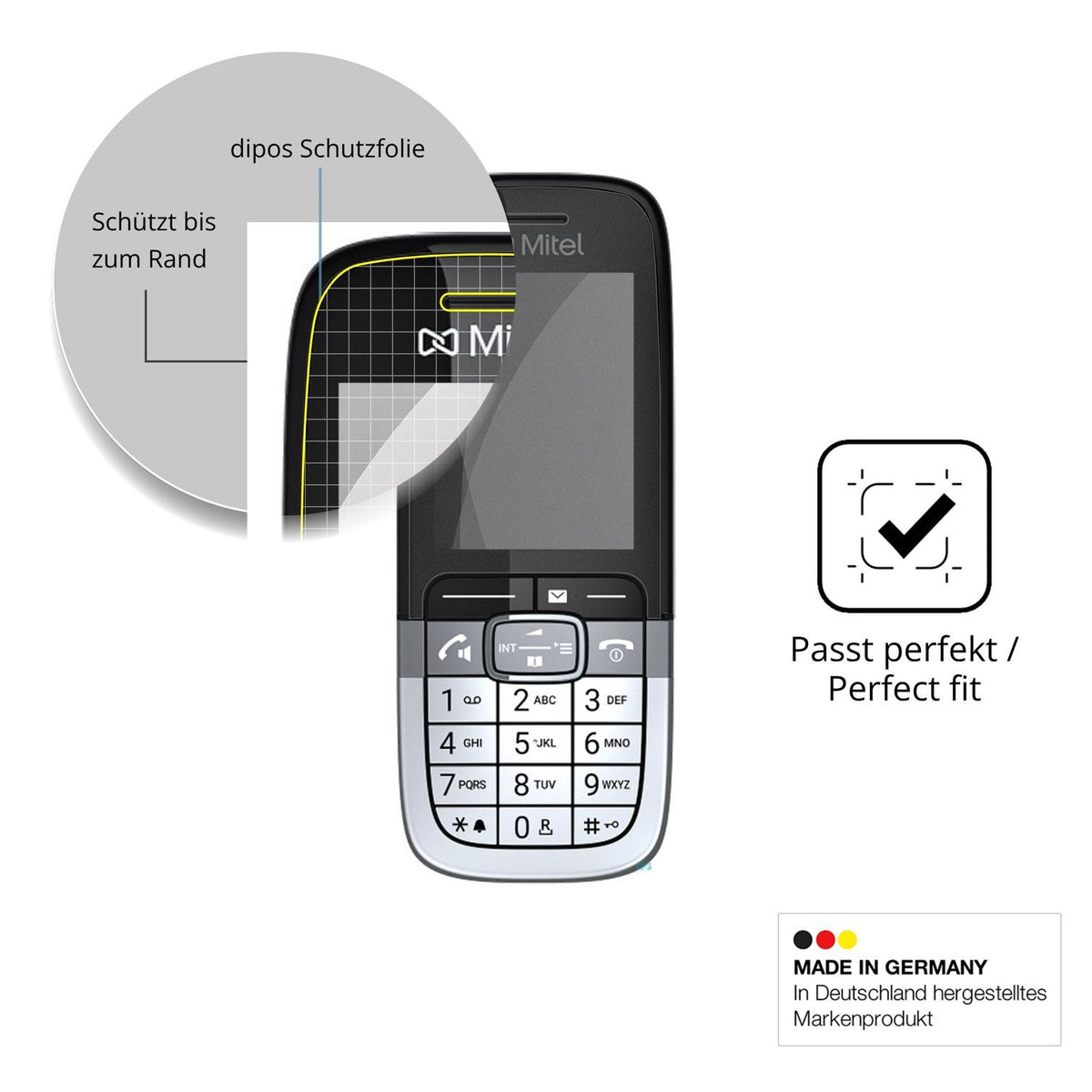 Schutz gegen Kratzer auf dem Mitel OpenScape DECT Phone SL7 Glas durch Schlüssel, Stöße gegen die Tischkante oder Stürze