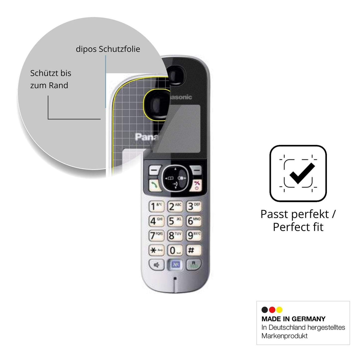 Schutz gegen Kratzer auf dem Panasonic KX-TG6823 Glas durch Schlüssel, Stöße gegen die Tischkante oder Stürze