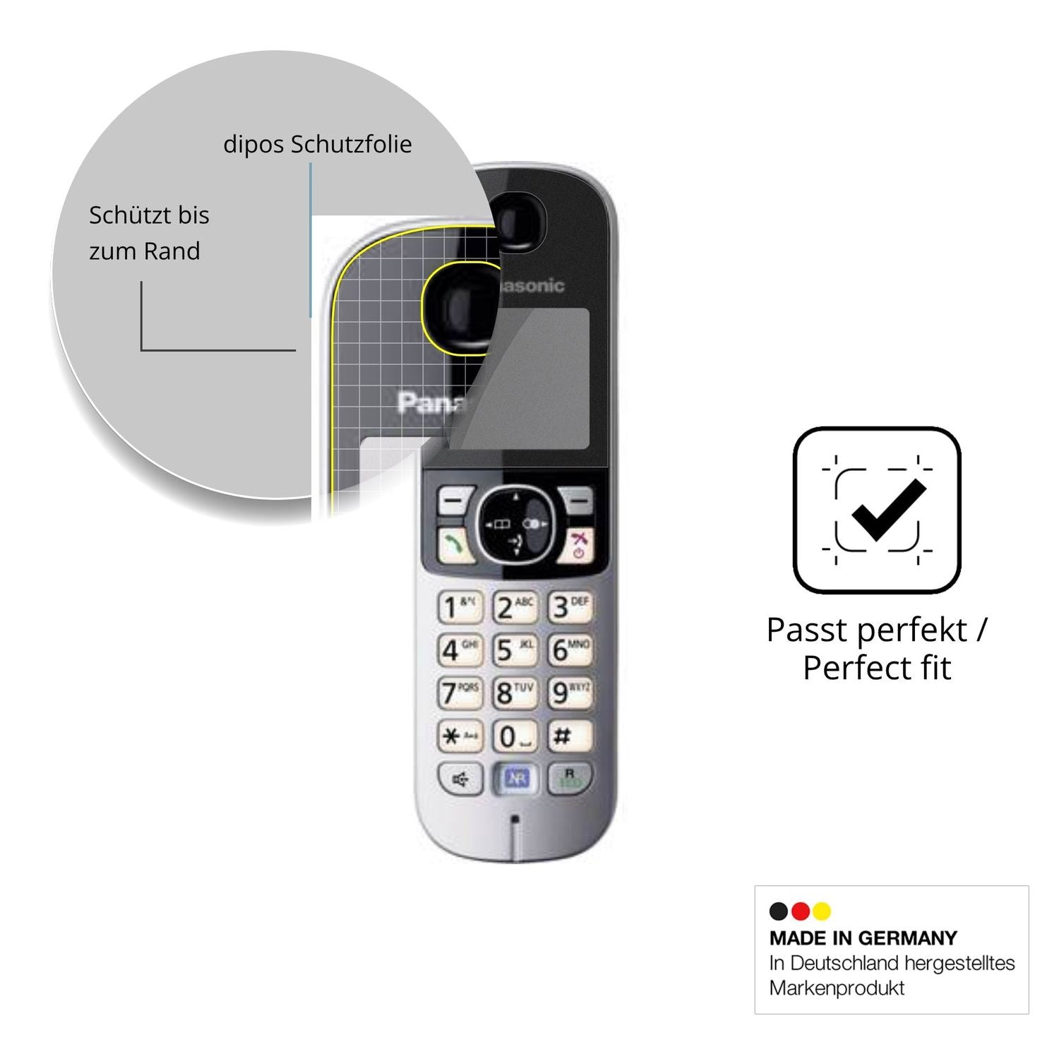 Schutz gegen Kratzer auf dem Panasonic KX-TG6823 Glas durch Schlüssel, Stöße gegen die Tischkante oder Stürze