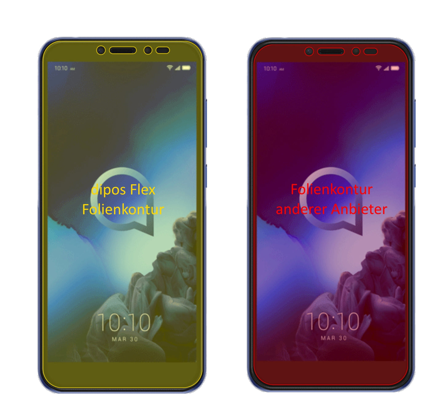 Alcatel1S mit aufgebrachter dipos Displayschutzfolie, glasklare Darstellung ohne Einschränkungen