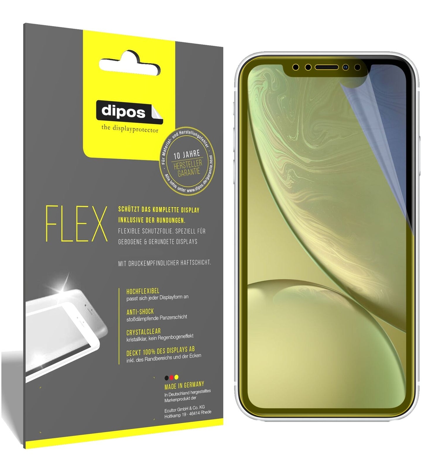 AppleiPhone XR mit aufgebrachter dipos Displayschutzfolie, glasklare Darstellung ohne Einschränkungen