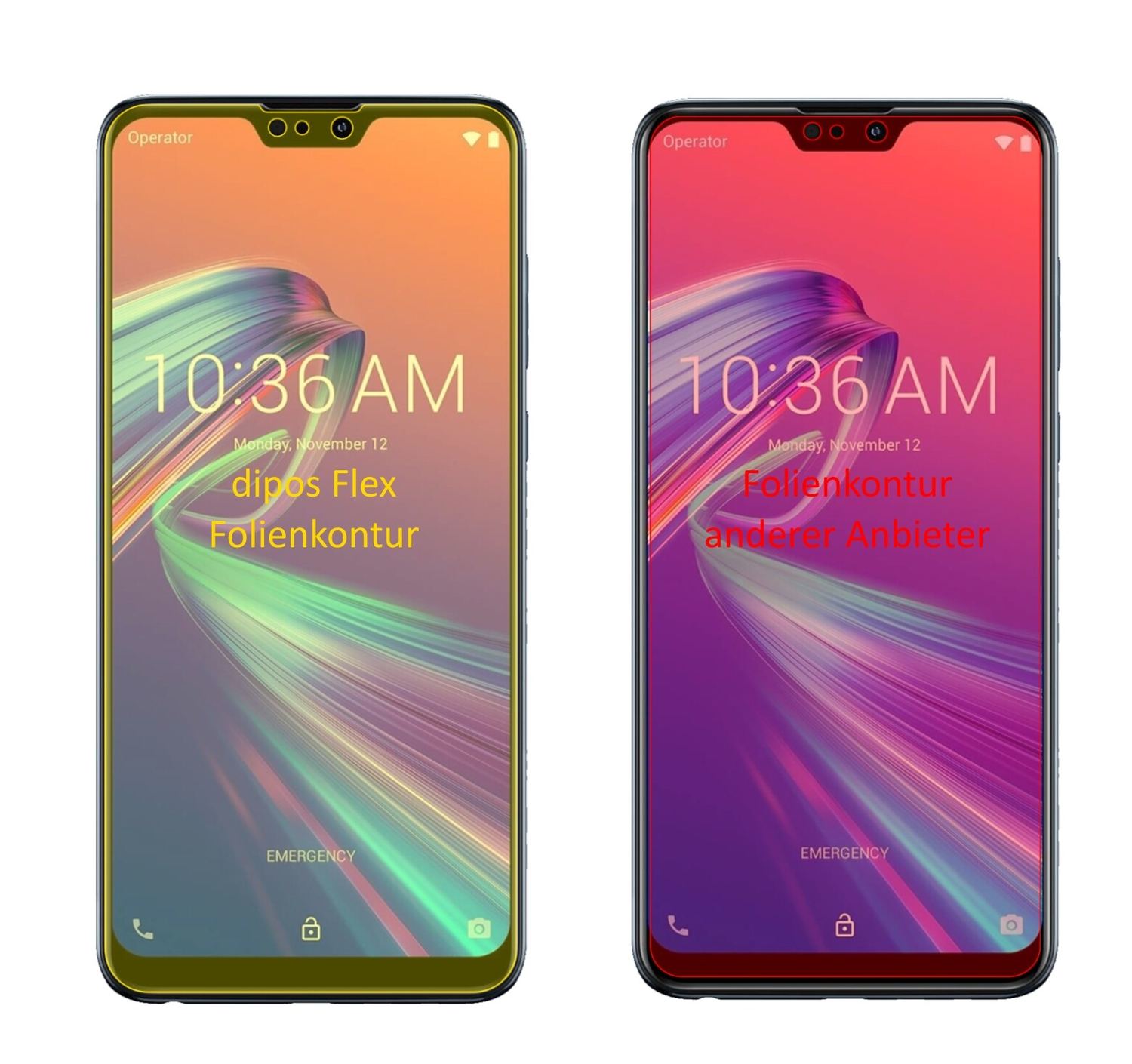 AsusZenFone Max Pro (M2) mit aufgebrachter dipos Displayschutzfolie, glasklare Darstellung ohne Einschränkungen