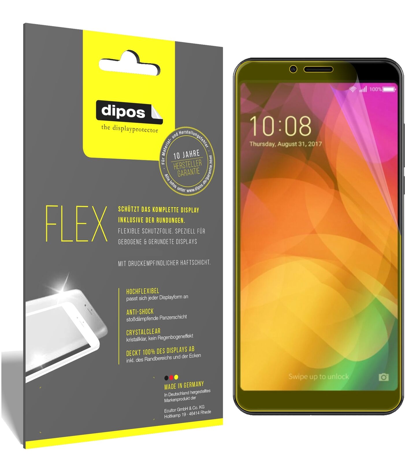 CoolpadNote 8 mit aufgebrachter dipos Displayschutzfolie, glasklare Darstellung ohne Einschränkungen