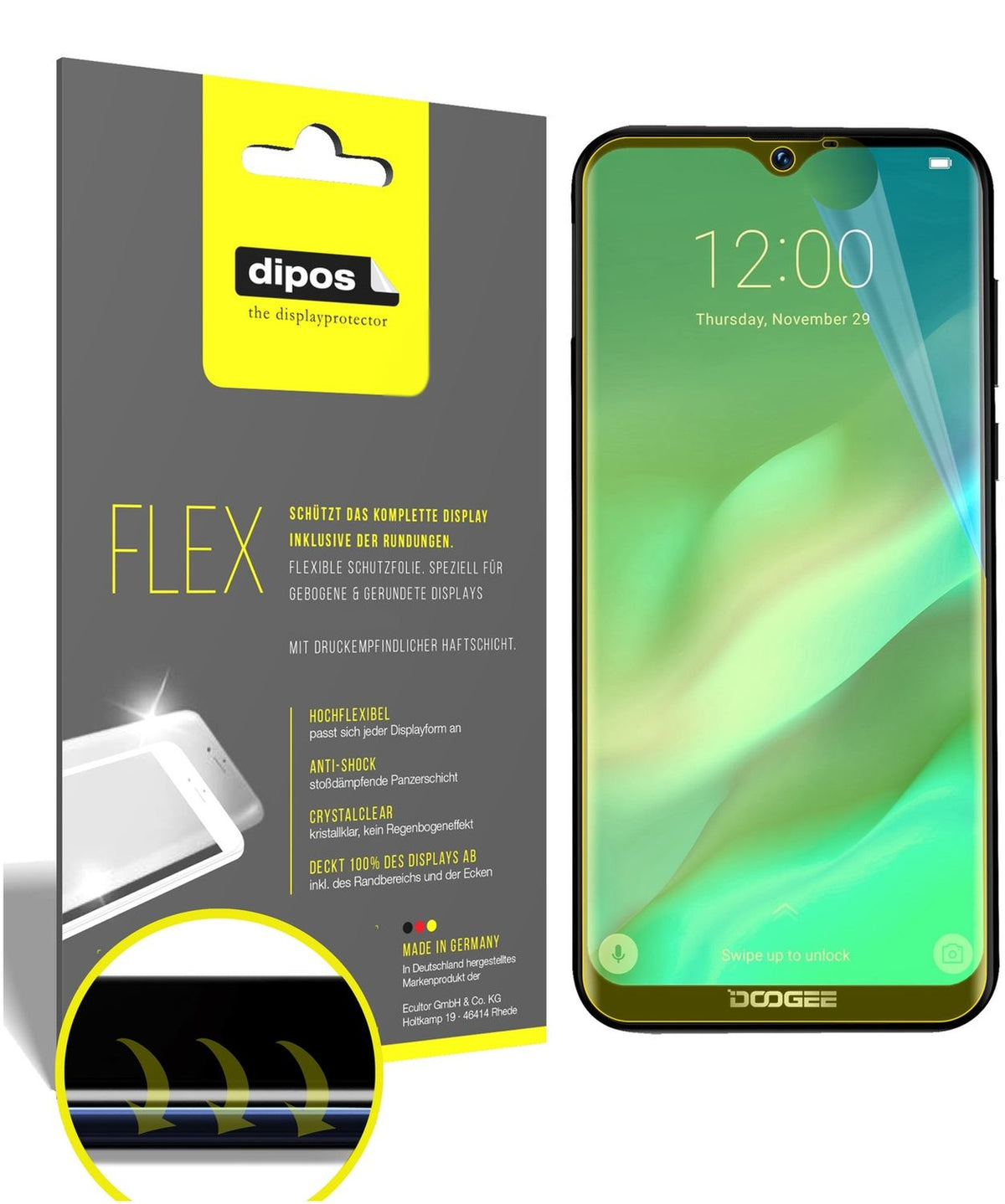 DoogeeX90 mit aufgebrachter dipos Displayschutzfolie, glasklare Darstellung ohne Einschränkungen