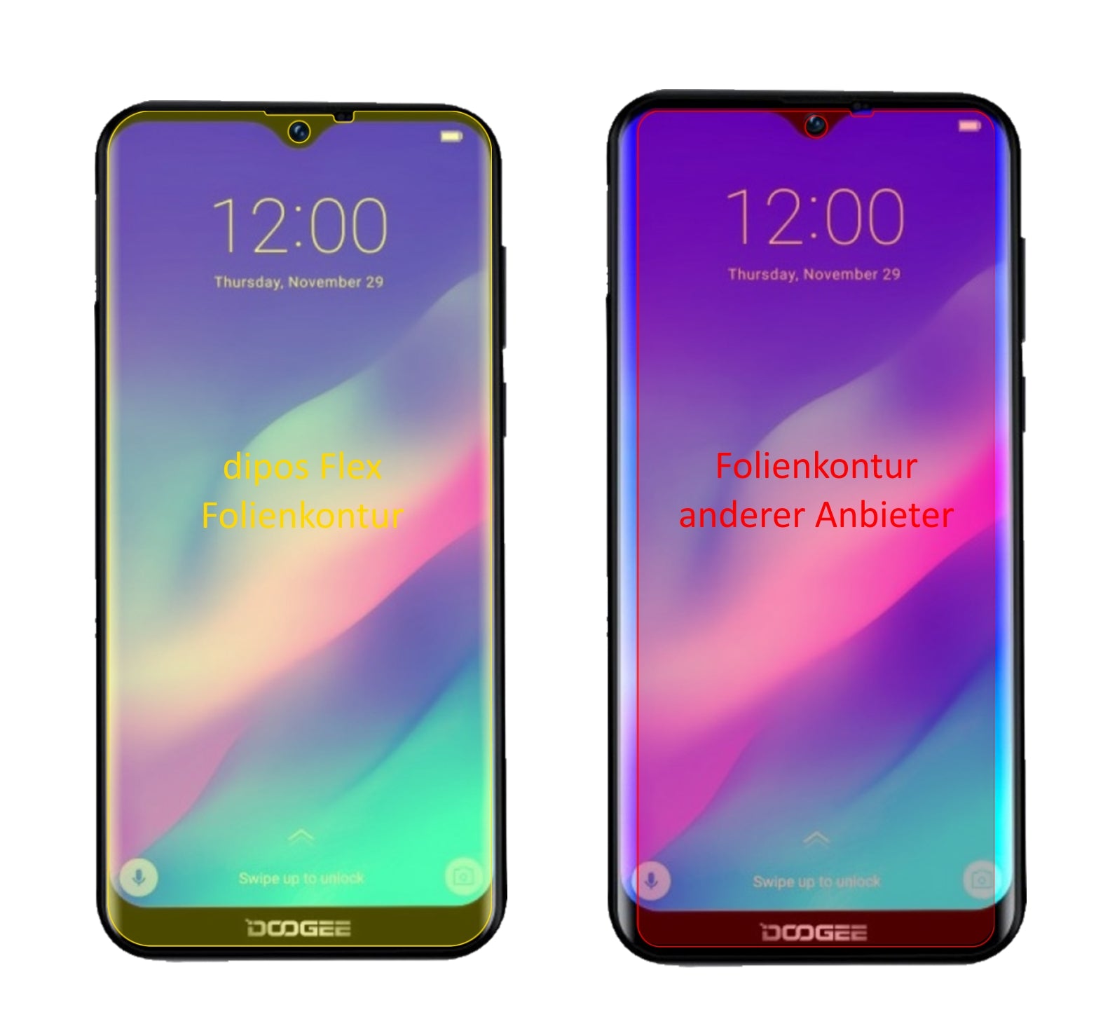 DoogeeY8 Plus (2019) mit aufgebrachter dipos Displayschutzfolie, glasklare Darstellung ohne Einschränkungen