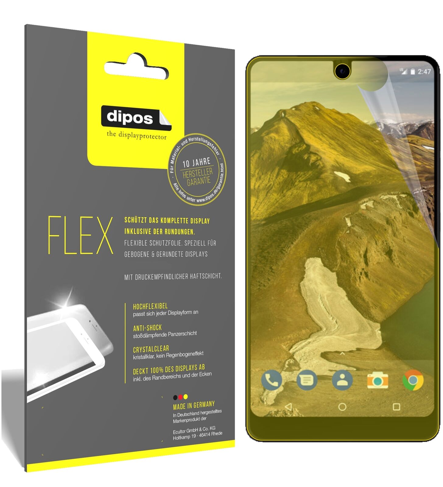 EssentialPhone mit aufgebrachter dipos Displayschutzfolie, glasklare Darstellung ohne Einschränkungen