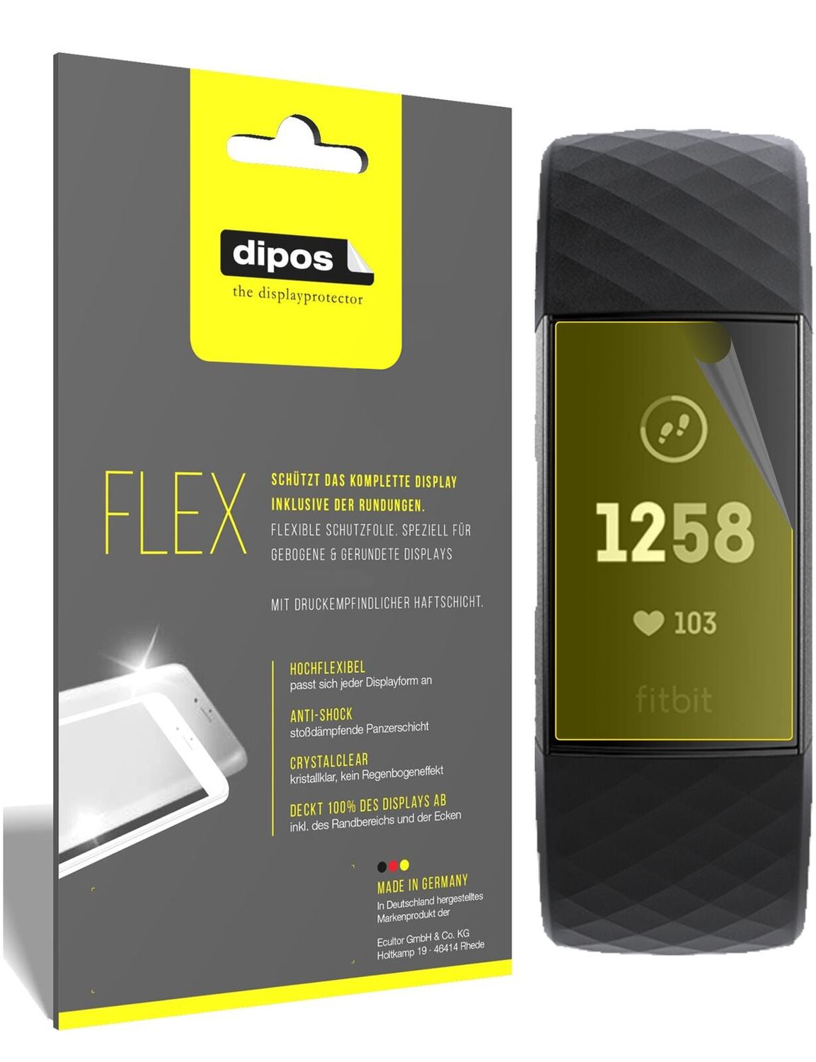 FitbitCharge 3 mit aufgebrachter dipos Displayschutzfolie, glasklare Darstellung ohne Einschränkungen