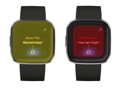 FitBitVersa 2 mit aufgebrachter dipos Displayschutzfolie, glasklare Darstellung ohne Einschränkungen