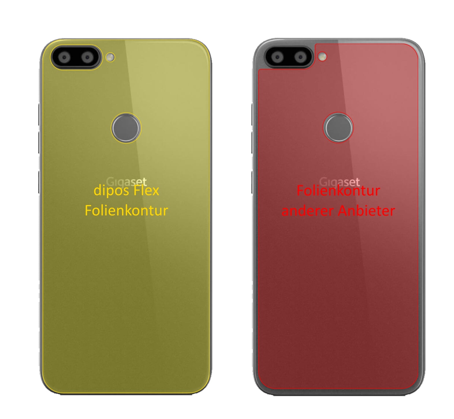 GigasetGS195 Pummelphone Rückseite mit aufgebrachter dipos Displayschutzfolie, glasklare Darstellung ohne Einschränkungen