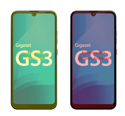 GigasetGS3 mit aufgebrachter dipos Displayschutzfolie, glasklare Darstellung ohne Einschränkungen