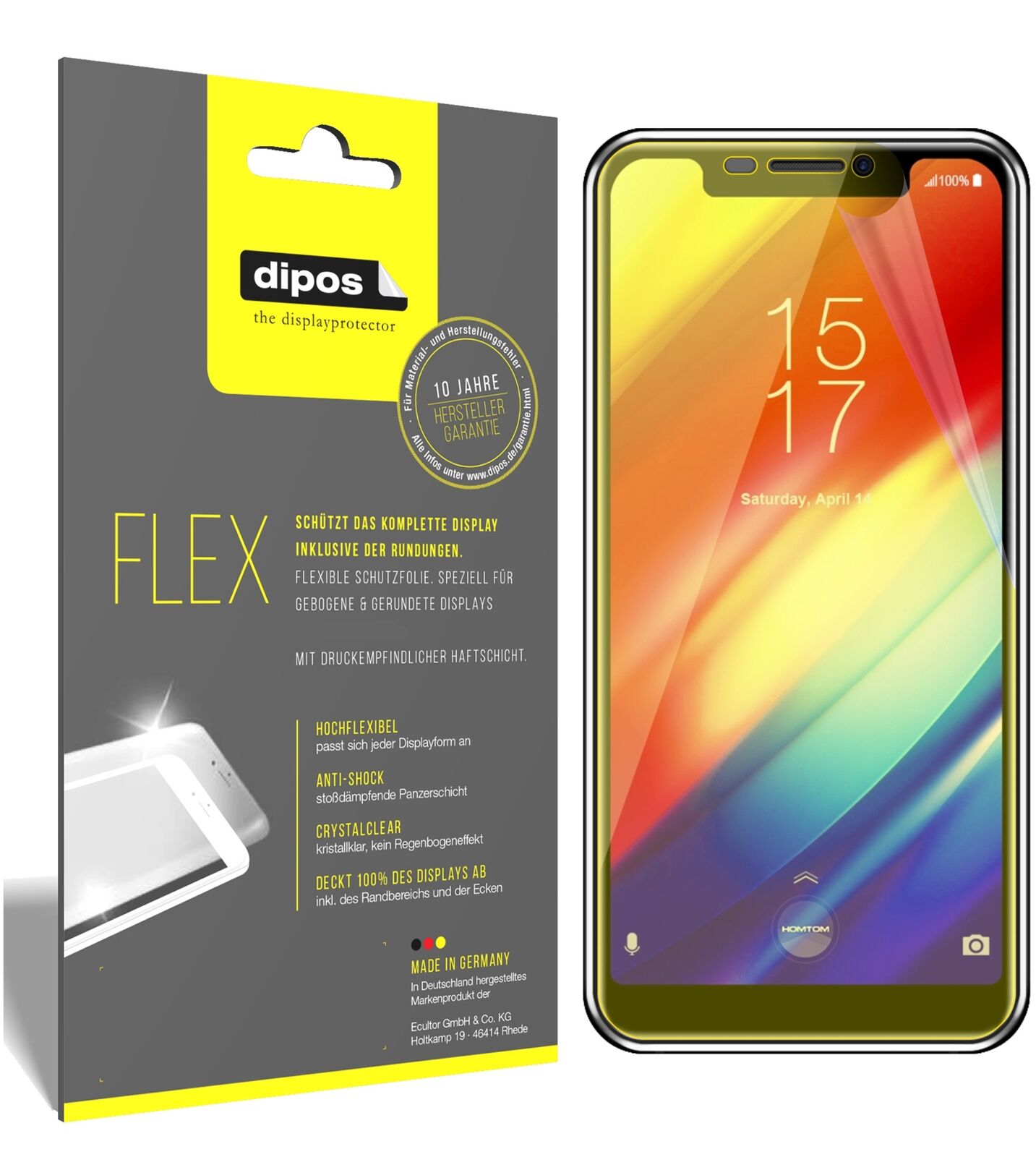 HomTomH10 mit aufgebrachter dipos Displayschutzfolie, glasklare Darstellung ohne Einschränkungen