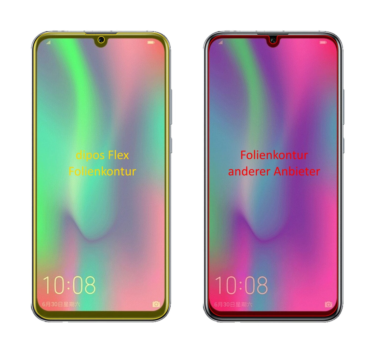 Honor10 Lite mit aufgebrachter dipos Displayschutzfolie, glasklare Darstellung ohne Einschränkungen