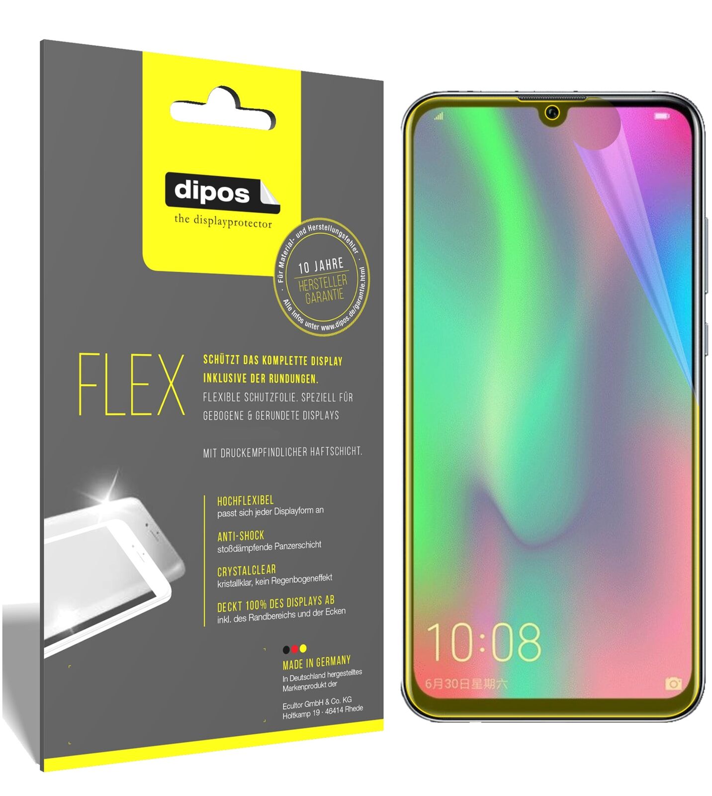 Honor10 Lite mit aufgebrachter dipos Displayschutzfolie, glasklare Darstellung ohne Einschränkungen