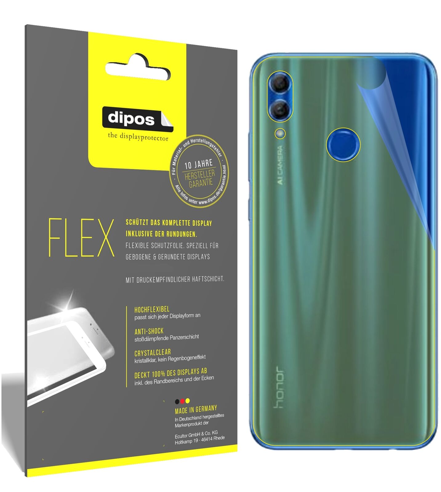 Honor10 Lite Rückseite mit aufgebrachter dipos Displayschutzfolie, glasklare Darstellung ohne Einschränkungen