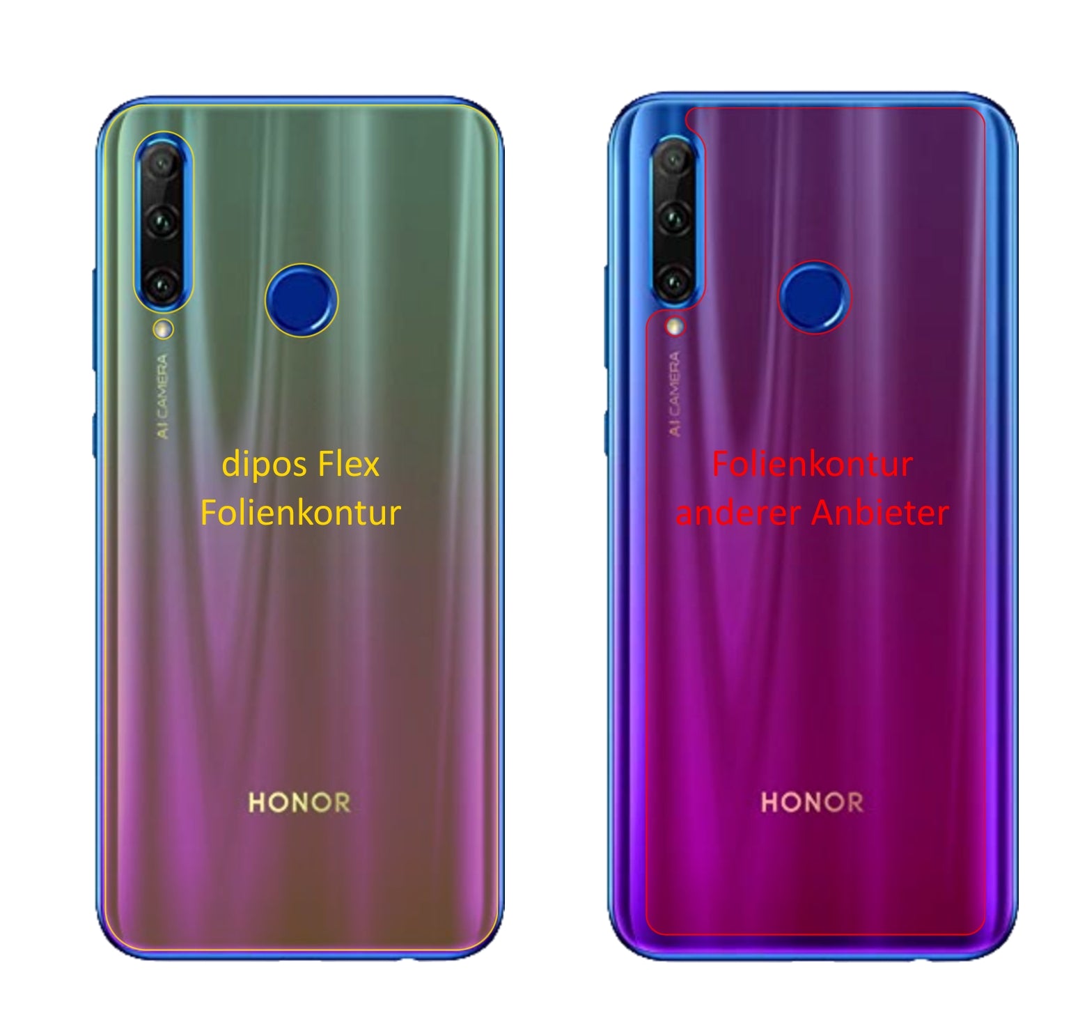 Honor20E Rückseite mit aufgebrachter dipos Displayschutzfolie, glasklare Darstellung ohne Einschränkungen