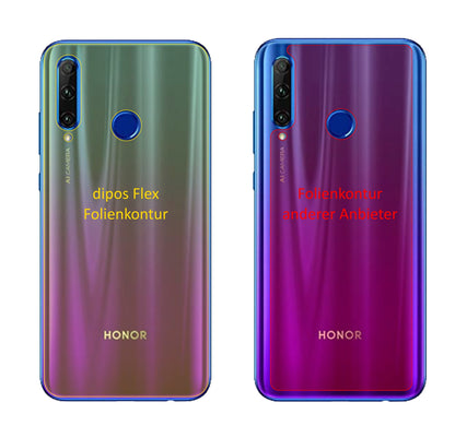 Honor20E Rückseite mit aufgebrachter dipos Displayschutzfolie, glasklare Darstellung ohne Einschränkungen