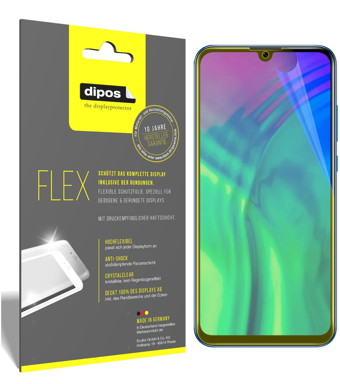 Honor20i mit aufgebrachter dipos Displayschutzfolie, glasklare Darstellung ohne Einschränkungen