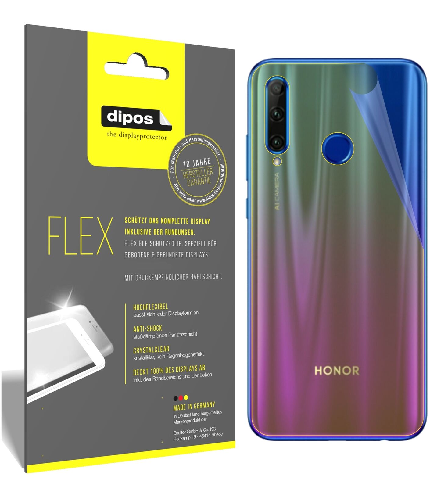 Honor20i Rückseite mit aufgebrachter dipos Displayschutzfolie, glasklare Darstellung ohne Einschränkungen