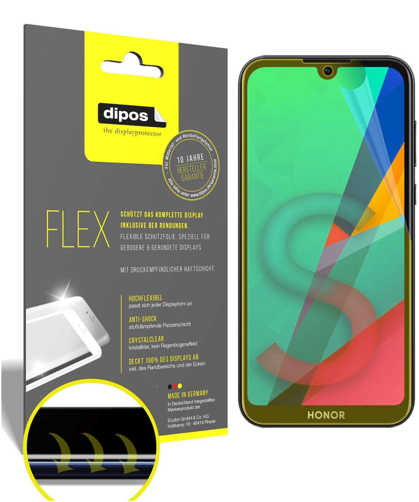 Honor8S mit aufgebrachter dipos Displayschutzfolie, glasklare Darstellung ohne Einschränkungen