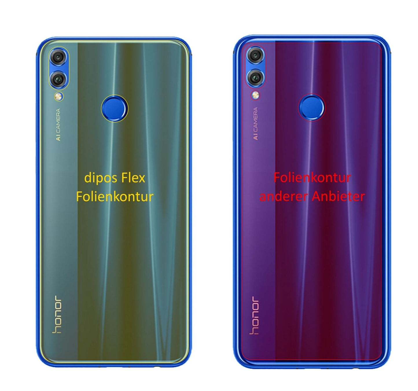 Honor8X Rückseite mit aufgebrachter dipos Displayschutzfolie, glasklare Darstellung ohne Einschränkungen