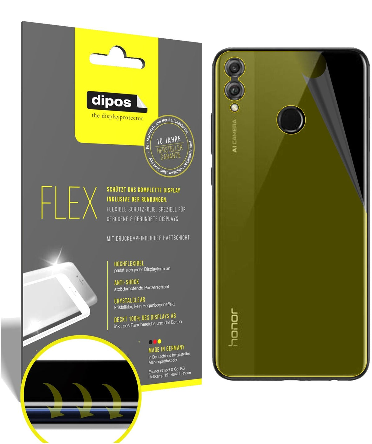 HonorView 10 Lite Rückseite mit aufgebrachter dipos Displayschutzfolie, glasklare Darstellung ohne Einschränkungen