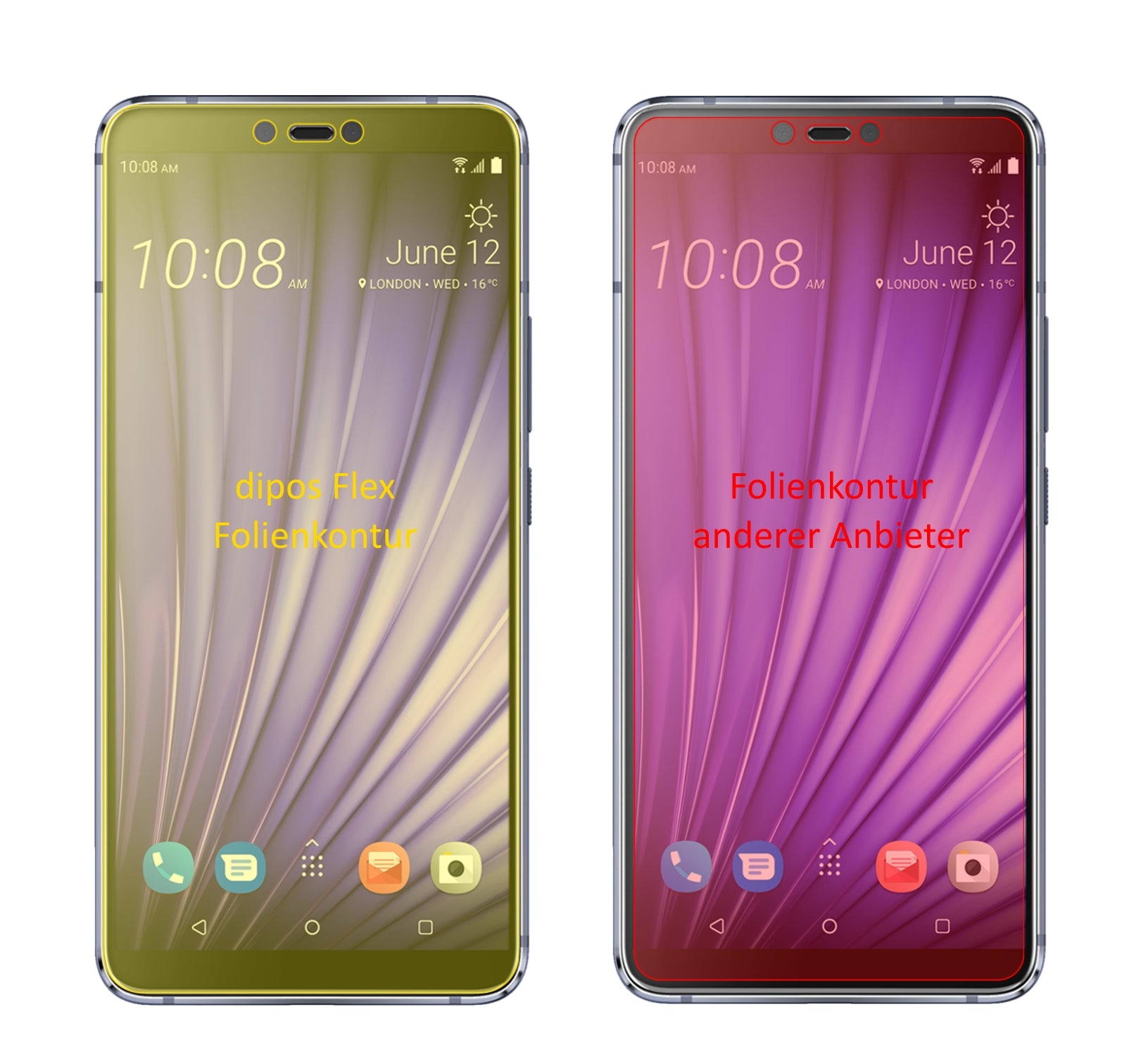 HTCU19e mit aufgebrachter dipos Displayschutzfolie, glasklare Darstellung ohne Einschränkungen
