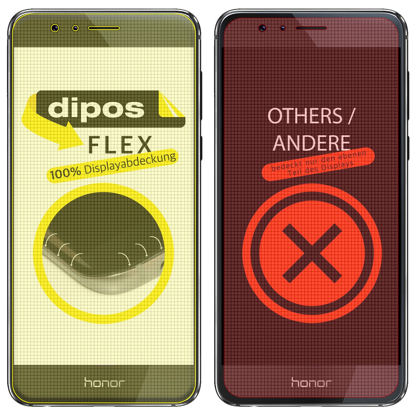 HuaweiHonor 8 mit aufgebrachter dipos Displayschutzfolie, glasklare Darstellung ohne Einschränkungen