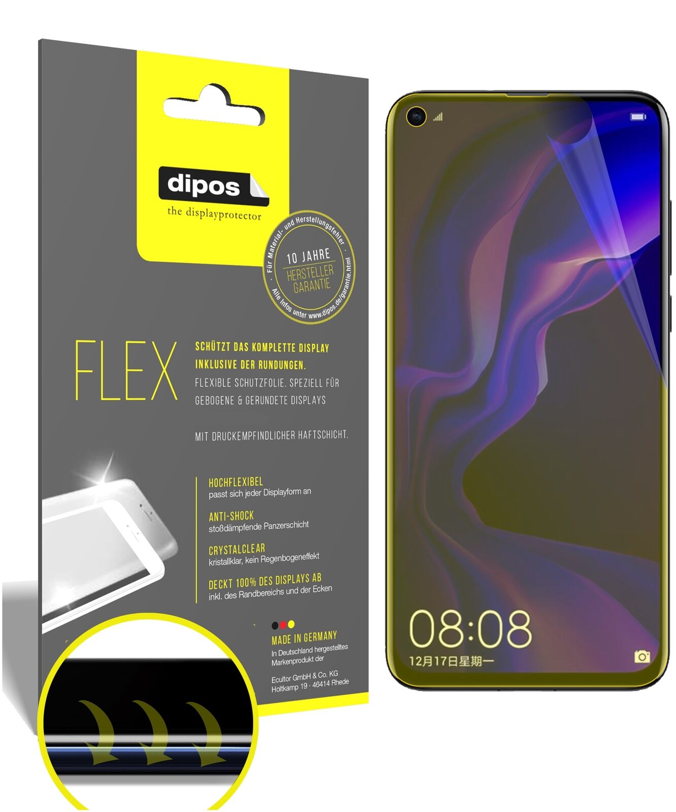 HuaweiNova 4 mit aufgebrachter dipos Displayschutzfolie, glasklare Darstellung ohne Einschränkungen