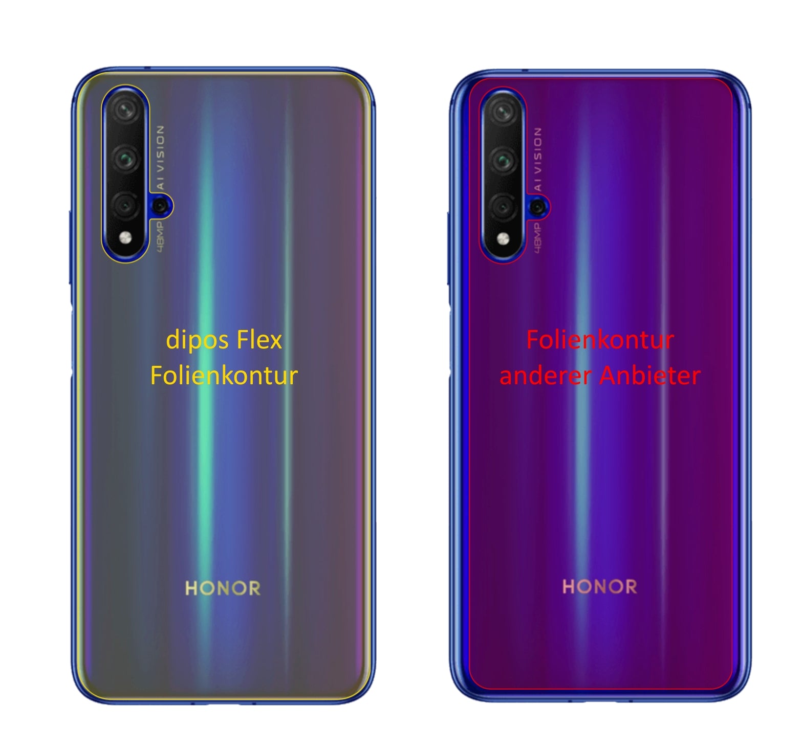 Honor20S Rückseite mit aufgebrachter dipos Displayschutzfolie, glasklare Darstellung ohne Einschränkungen