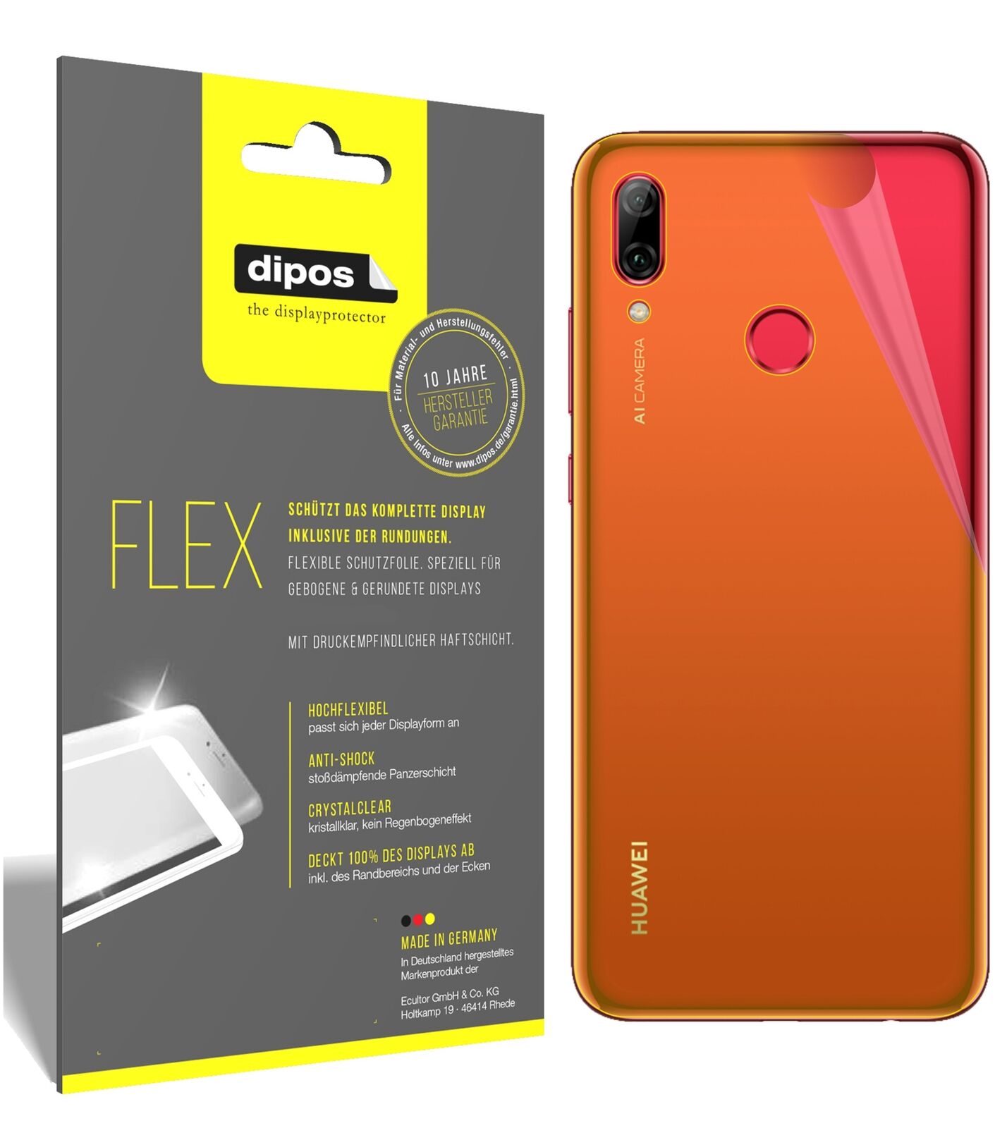 HuaweiNova Lite 3 Rückseite mit aufgebrachter dipos Displayschutzfolie, glasklare Darstellung ohne Einschränkungen