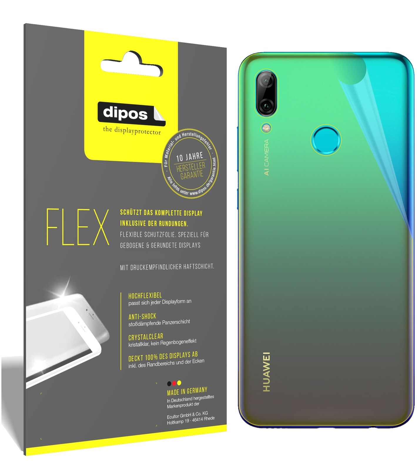 HuaweiP Smart (2019) Rückseite mit aufgebrachter dipos Displayschutzfolie, glasklare Darstellung ohne Einschränkungen