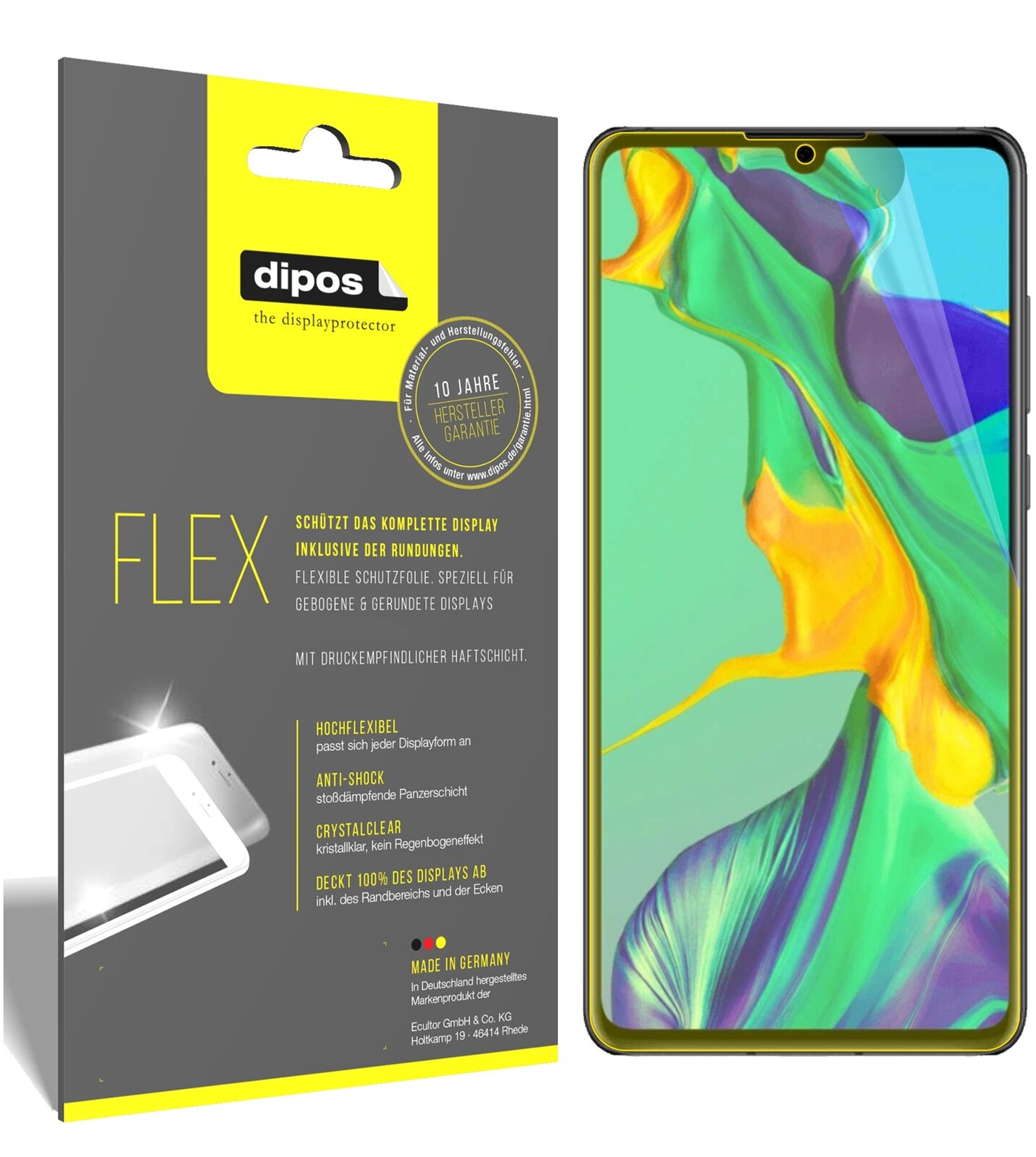 HuaweiP30 mit aufgebrachter dipos Displayschutzfolie, glasklare Darstellung ohne Einschränkungen