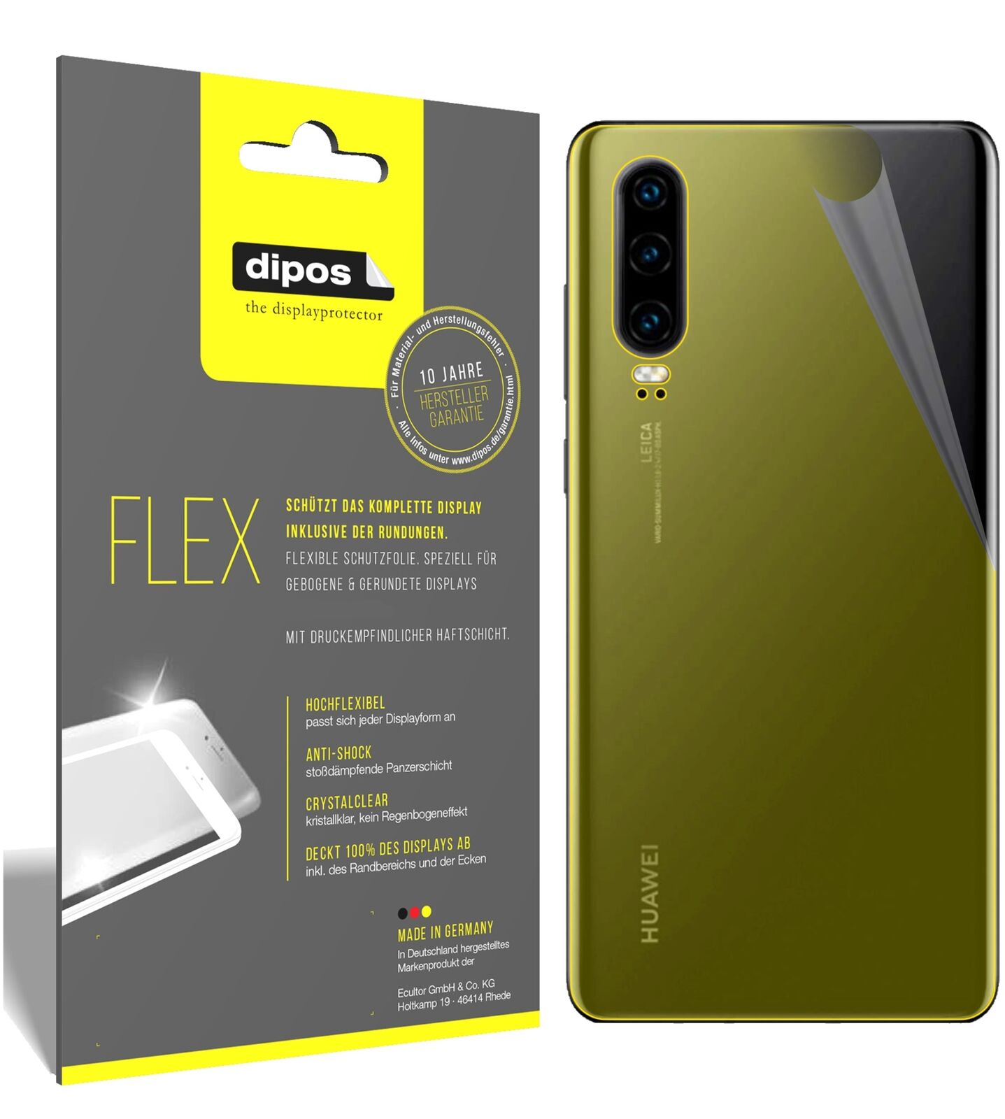 HuaweiP30 Rückseite mit aufgebrachter dipos Displayschutzfolie, glasklare Darstellung ohne Einschränkungen