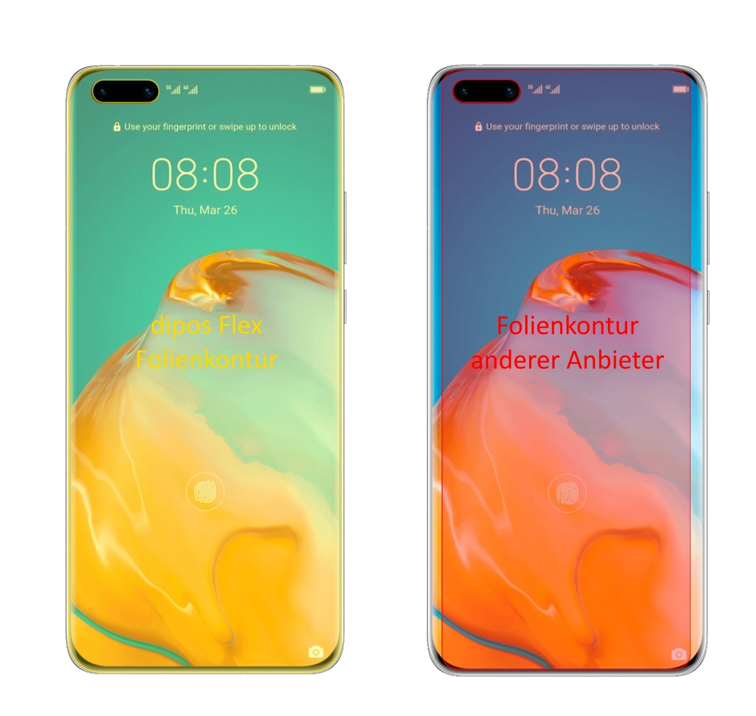 HuaweiP40 mit aufgebrachter dipos Displayschutzfolie, glasklare Darstellung ohne Einschränkungen