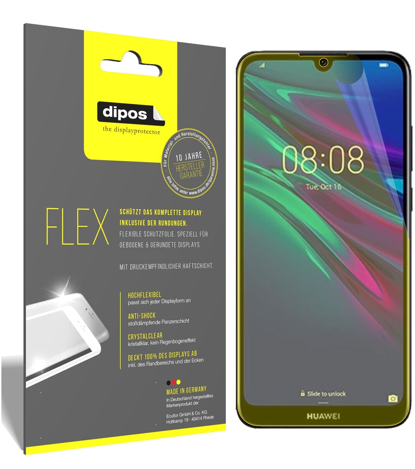 HuaweiY6 (2019) mit aufgebrachter dipos Displayschutzfolie, glasklare Darstellung ohne Einschränkungen