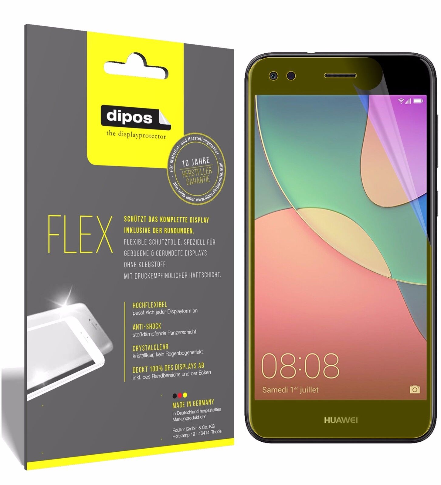 HuaweiY6 Pro 2017 mit aufgebrachter dipos Displayschutzfolie, glasklare Darstellung ohne Einschränkungen