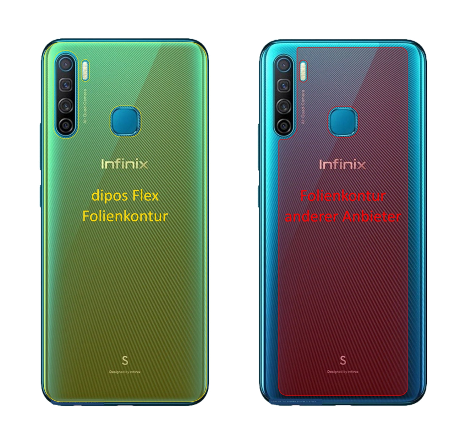 InfinixS5 Rückseite mit aufgebrachter dipos Displayschutzfolie, glasklare Darstellung ohne Einschränkungen