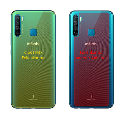 InfinixS5 Rückseite mit aufgebrachter dipos Displayschutzfolie, glasklare Darstellung ohne Einschränkungen