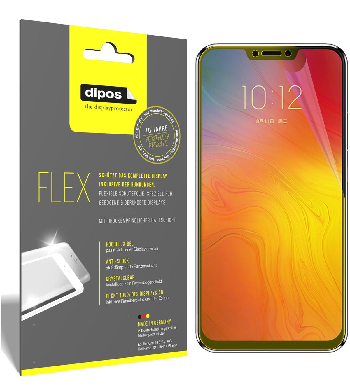 LenovoZ5 mit aufgebrachter dipos Displayschutzfolie, glasklare Darstellung ohne Einschränkungen