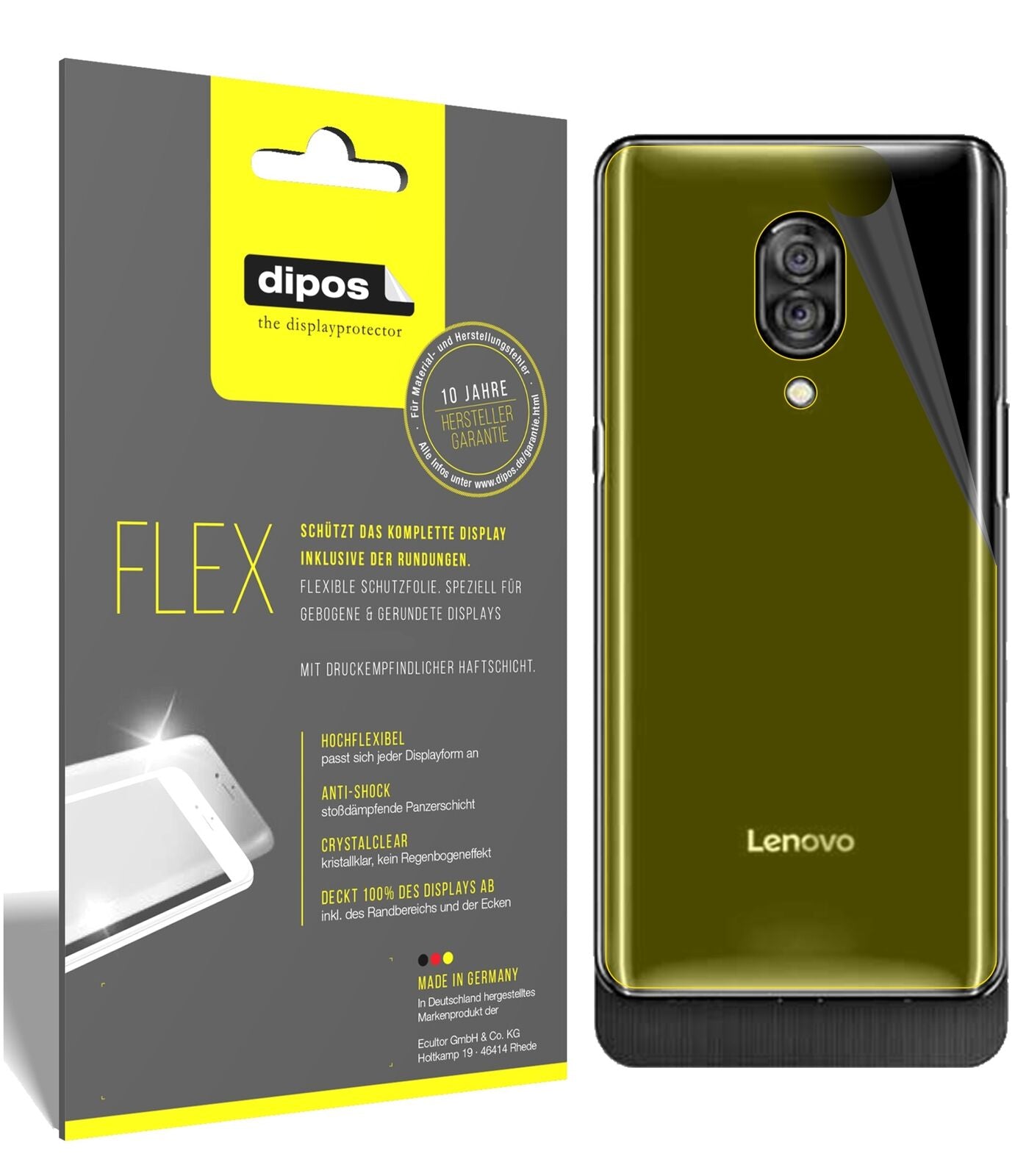 LenovoZ5 Pro GT Rückseite mit aufgebrachter dipos Displayschutzfolie, glasklare Darstellung ohne Einschränkungen