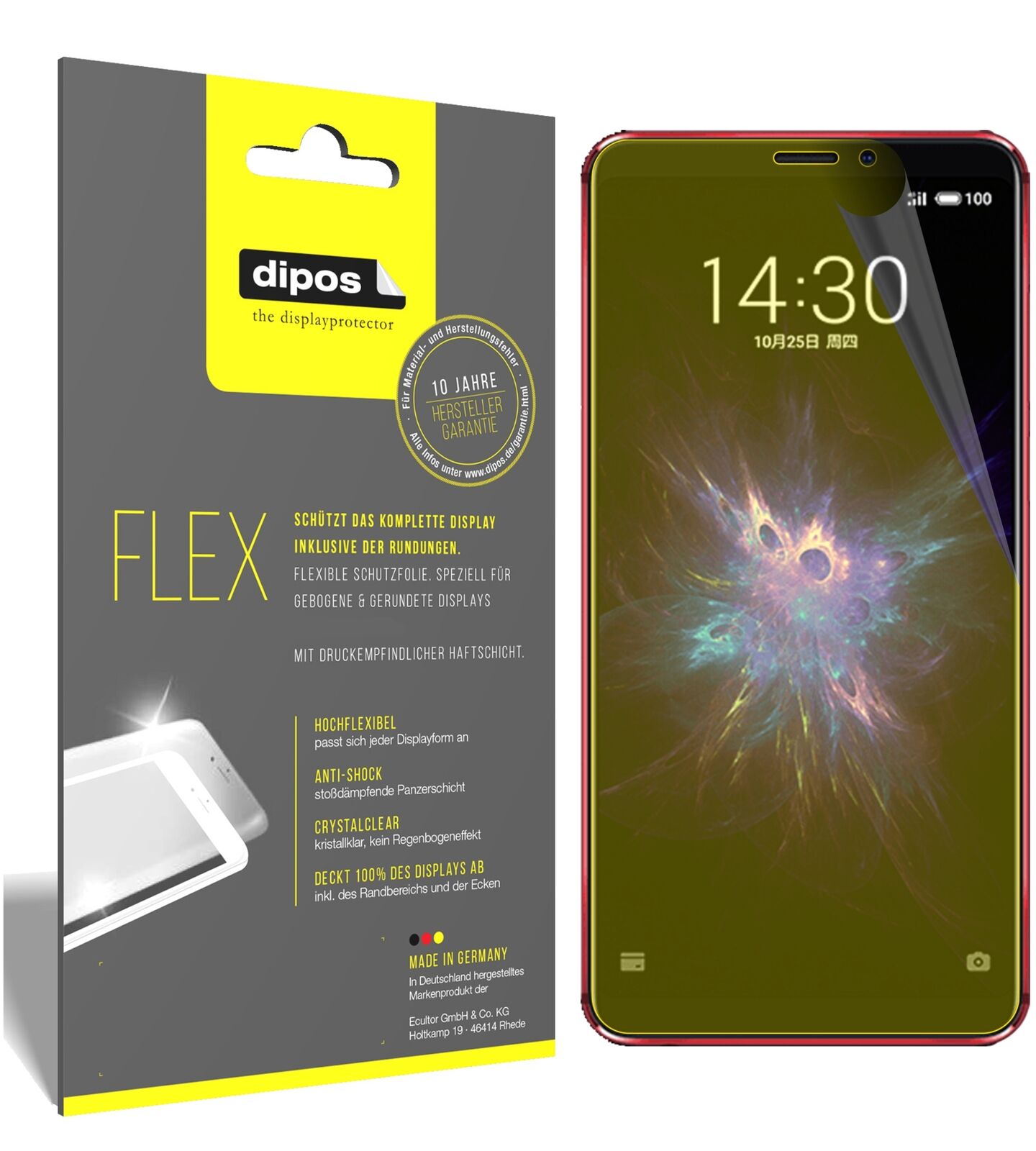 MeizuNote 8 mit aufgebrachter dipos Displayschutzfolie, glasklare Darstellung ohne Einschränkungen