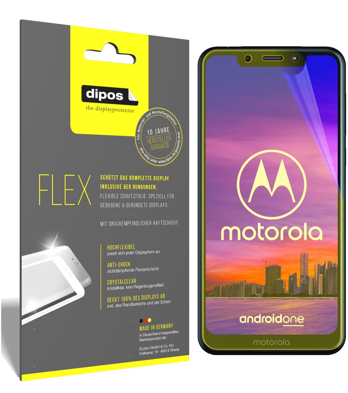MotorolaOne mit aufgebrachter dipos Displayschutzfolie, glasklare Darstellung ohne Einschränkungen