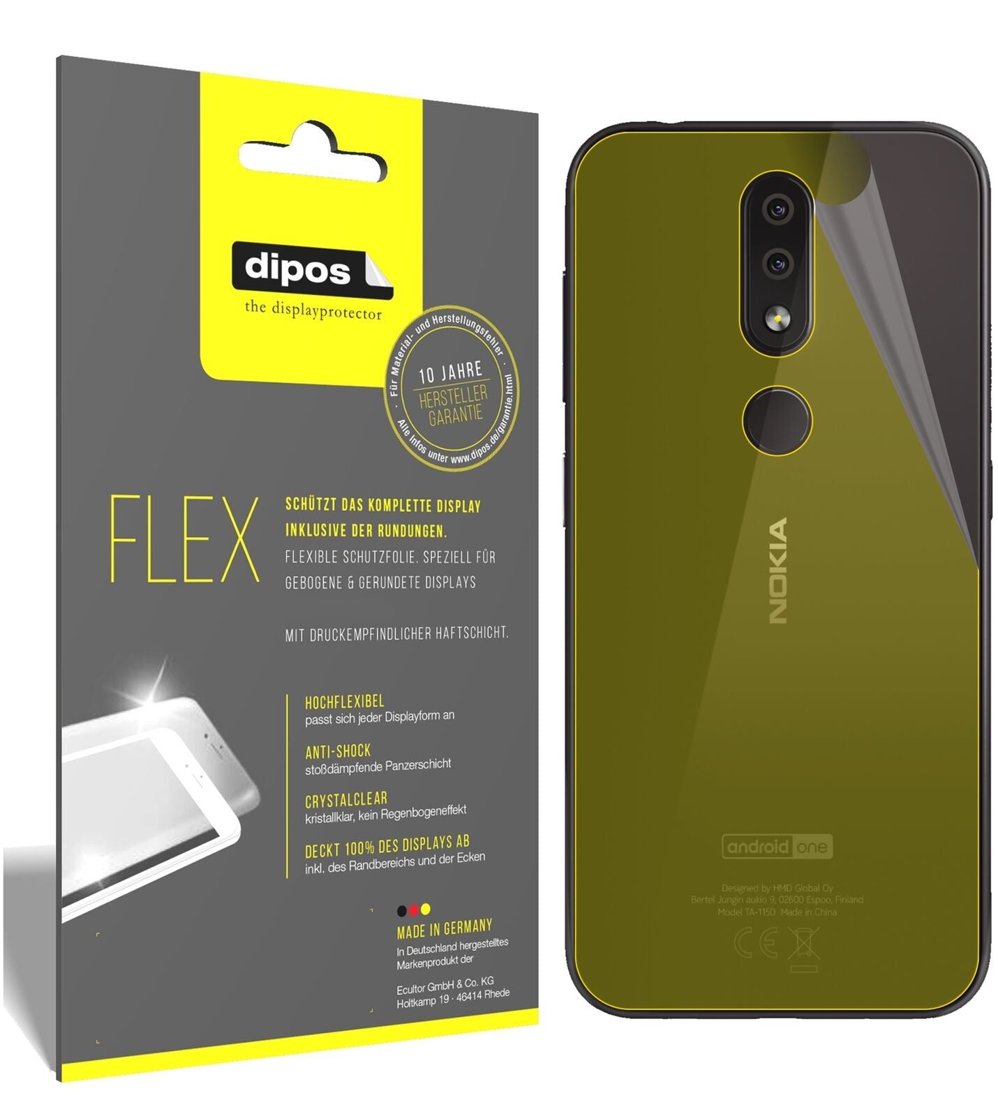 Nokia4.2 Rückseite mit aufgebrachter dipos Displayschutzfolie, glasklare Darstellung ohne Einschränkungen