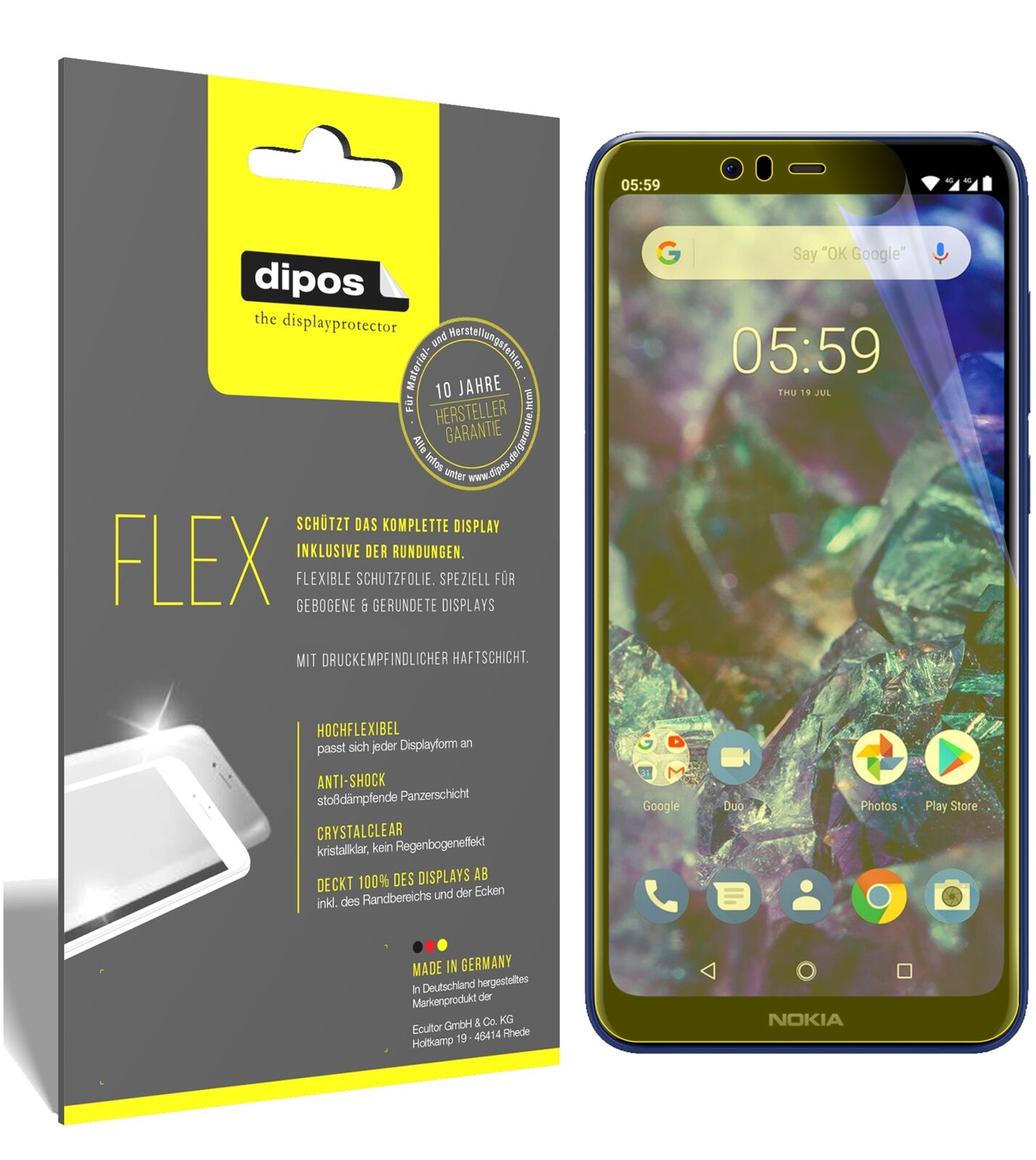 Nokia5.1 Plus mit aufgebrachter dipos Displayschutzfolie, glasklare Darstellung ohne Einschränkungen