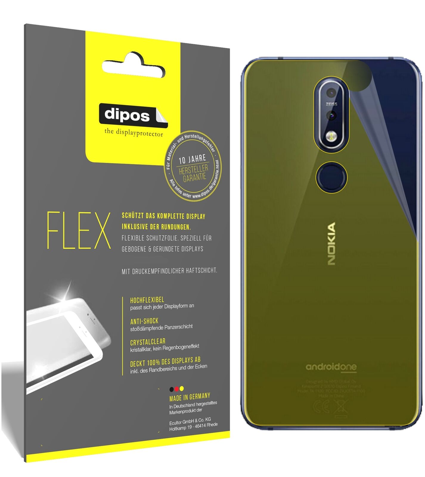 NokiaX7 (2018) Rückseite mit aufgebrachter dipos Displayschutzfolie, glasklare Darstellung ohne Einschränkungen