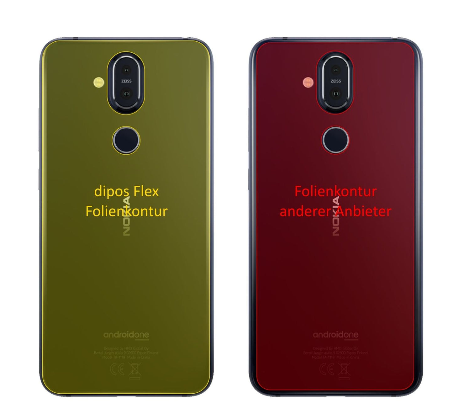 Nokia8.1 Rückseite mit aufgebrachter dipos Displayschutzfolie, glasklare Darstellung ohne Einschränkungen